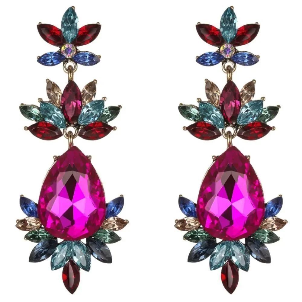 Yellow Gold with Multicolored Crystal Art Deco Chandelier Post Back Earrings